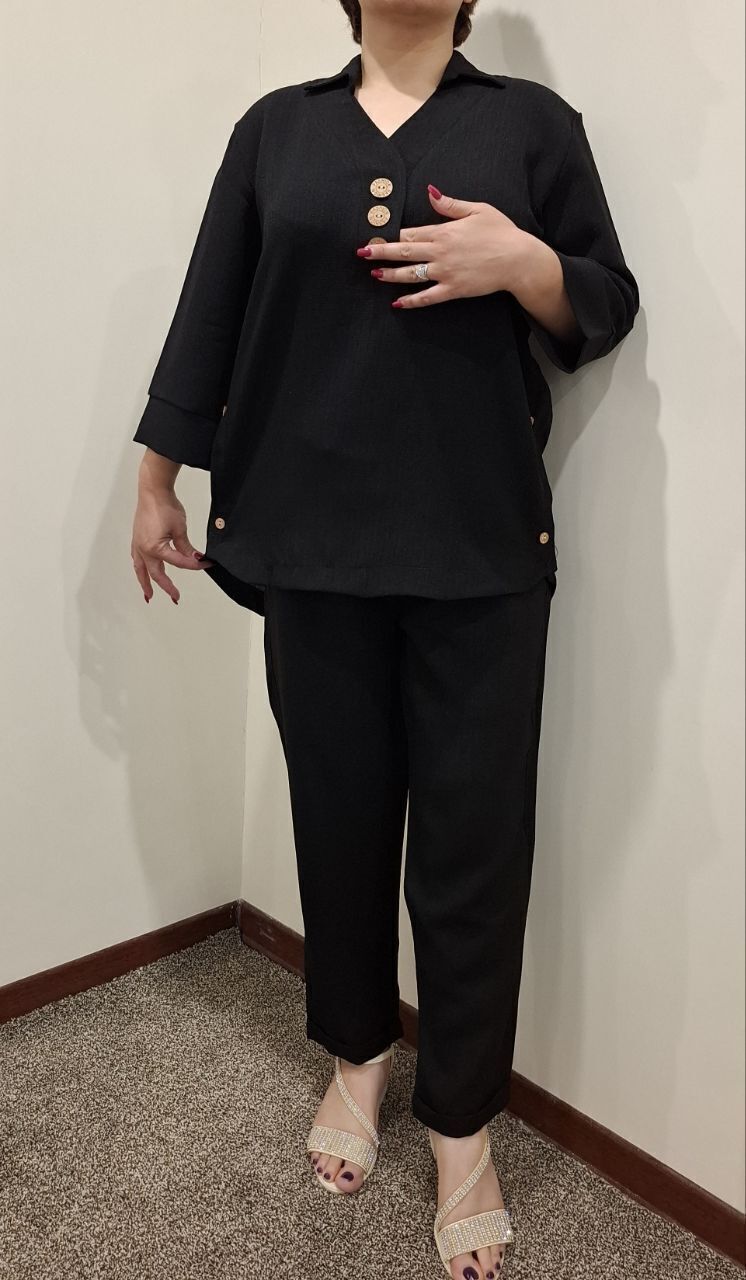  ست-شومیز-و-شلوار-شانتون--بغل-دکمه-مشکی 