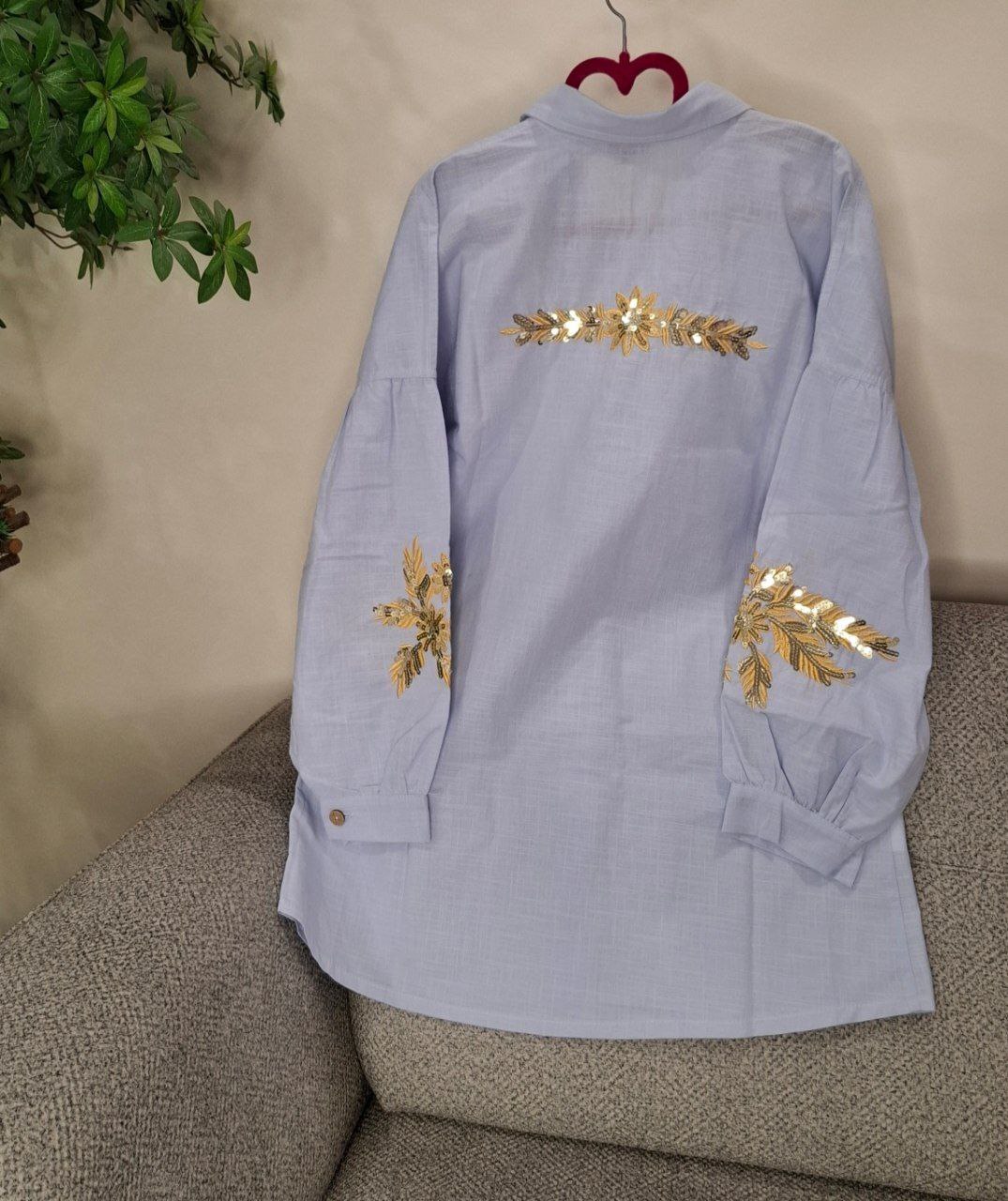  پشت شومیز زنانه لینن پولکدوزی آبی آسمانی 