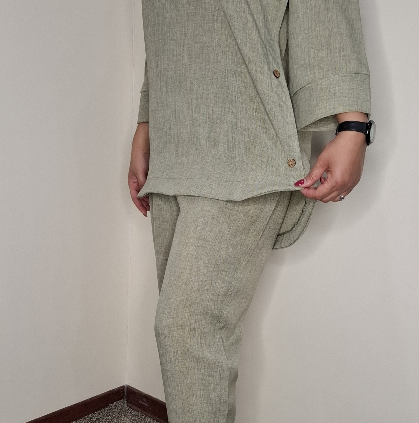  ست-شومیز-و-شلوار-شانتون--بغل-دکمه-سبز 