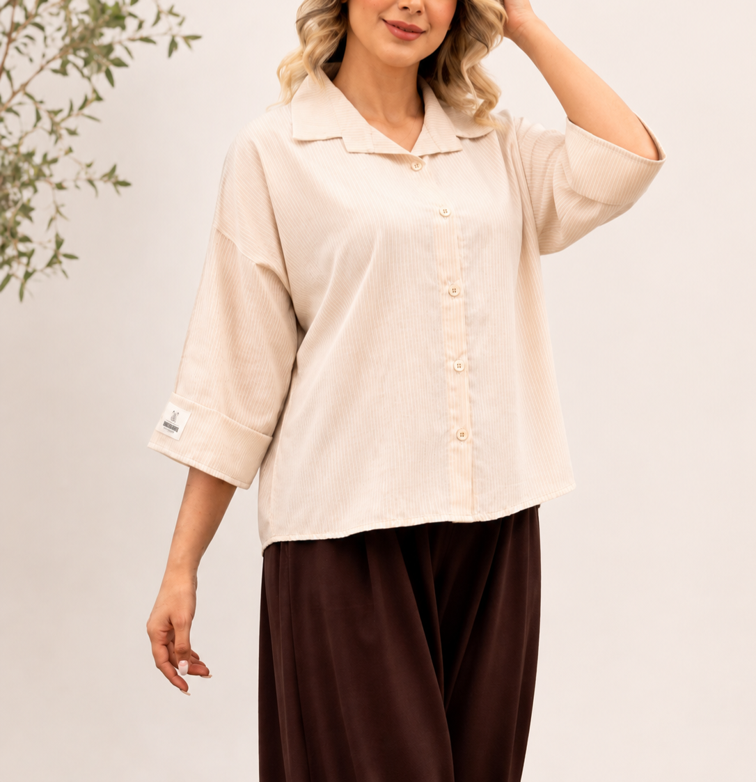 شومیز نخی باکسی راه راه کرم 